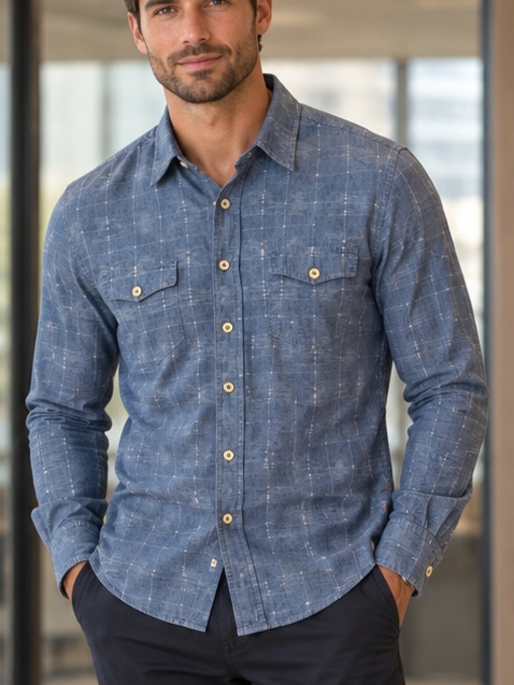 BOSS Orange Blue Windowpane Casual Button-Down Shirt XXL Slim Fit